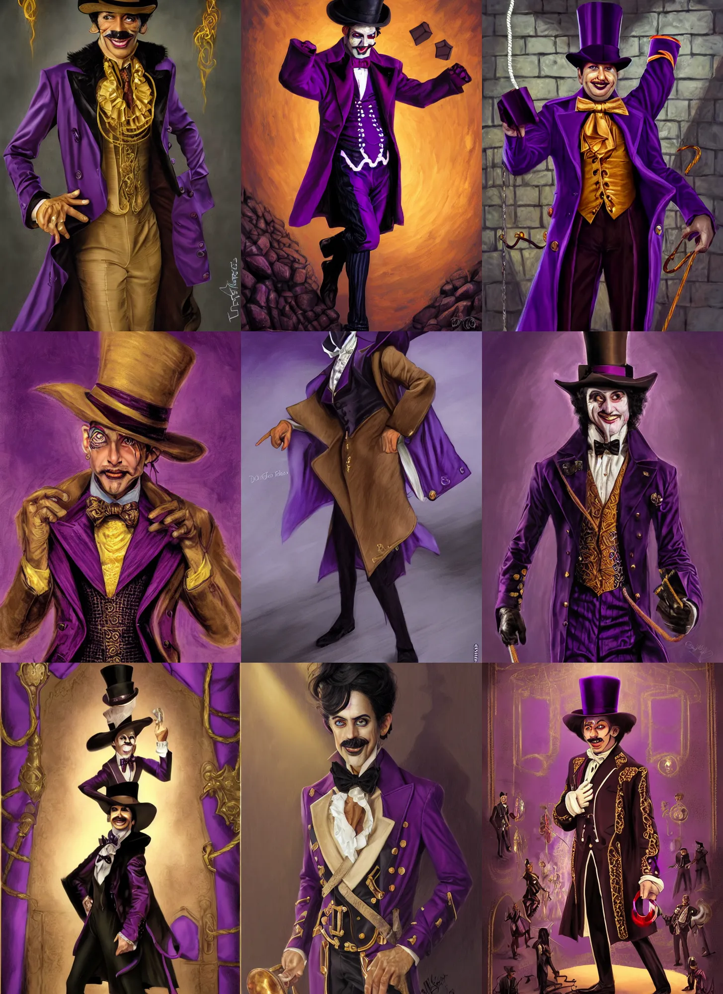 Prompt: portrait, a slender ringmaster with tan skin, wearing purple and black ringmaster attire, well dressed purple ringleader trenchcoat, nefarious smirk, black hair, trickster, goatee, style by donato giancola, wayne reynolds, jeff easley dramatic light, high detail, cinematic lighting, artstation, dungeons and dragons