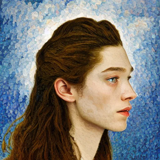 Prompt: professional painting of Astrid Frisbey in the style of Henri-Edmond Cross, head and shoulders portrait, symmetrical facial features, smooth, sharp focus, illustration, intricate, stormy weather, extremely detailed masterpiece,