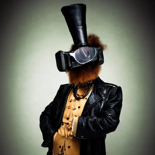 Image similar to anthropomorphic goose wearing steampunk leather goggles, leather facial mask, a long leather coat, dramatic lighting, full body shot, sigma 5 0 mm