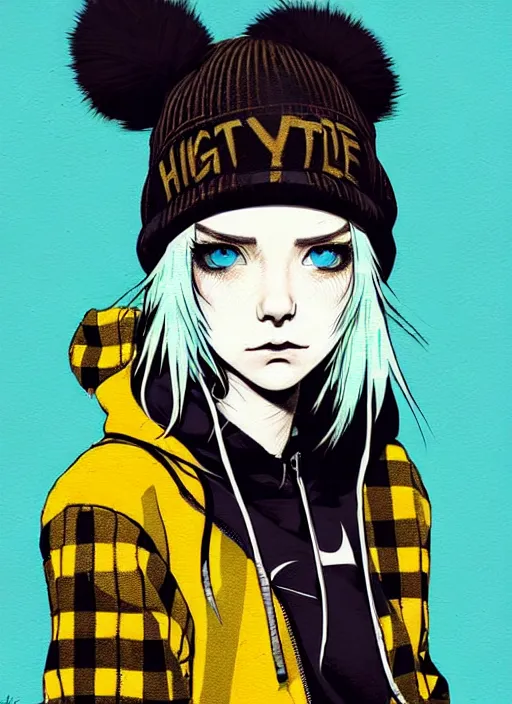 Image similar to highly detailed portrait of a sewer punk lady student, blue eyes, tartan hoody, hat, white hair by atey ghailan, by greg tocchini, by kaethe butcher, by alex horley, gradient yellow, black, brown and cyan color scheme, grunge aesthetic!!! ( ( graffiti tag wall ) )