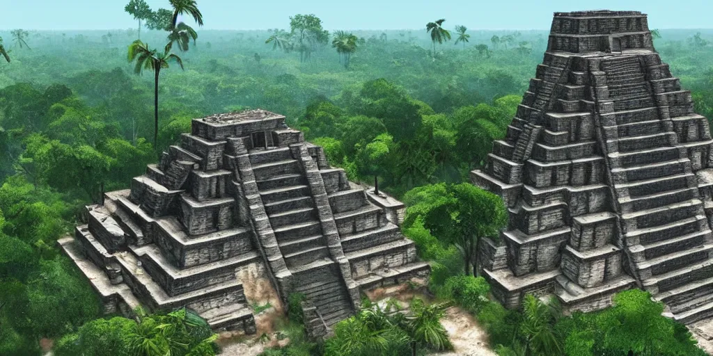 Prompt: mayan city of tikal if it was a game like grand theft auto v first person view, with realistic visuals and award winning gameplay, graffiti