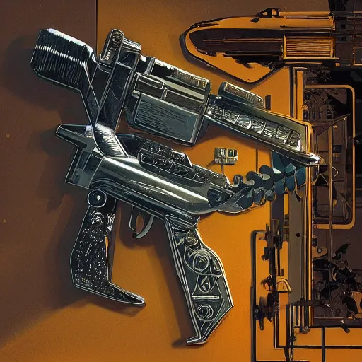 Prompt: painting of syd mead artlilery scifi parametric gun with ornate metal work lands on a sidewalk, filigree ornaments, volumetric lights, simon stalenhag