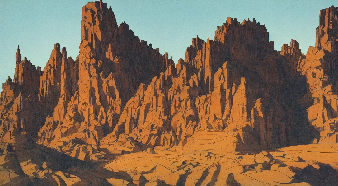 Image similar to chiaroscuro gouache by james gurney. utopia building designed by frank lloyd wright. dune palace. composed by directory kurosawa ( 1 9 6 2 ). baroque frame