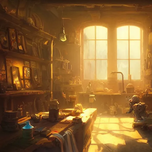 Prompt: A dusty toymaker’s workshop lit by a large glowing window, volumetric atmosphere with dramatic sunlight and shadows, hearthstone coloring style, artwork by greg rutkowski, epic fantasy style art, fantasy epic digital art, highly detailed, 8k resolution, hyperrealistic, Maya render.