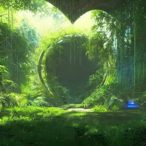 Prompt: overgrown derelict portal in a middle of a lush futuristic forest, green lush world seen only through a portal, daylight, cinematic lighting, blue sky, syd mead, john harris