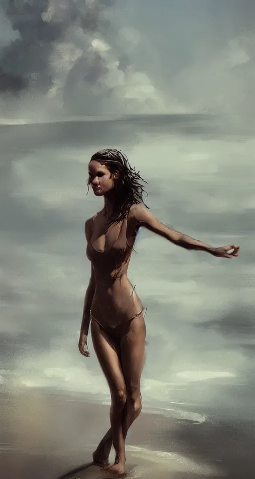 Image similar to Alicia Vikander with wet hair stands on a beach, no noise, elegant, concept art, sharp focus, digital art, smooth defined outlines!!, by Brom, trending on Artstation, Tom Bagshaw, Sargent