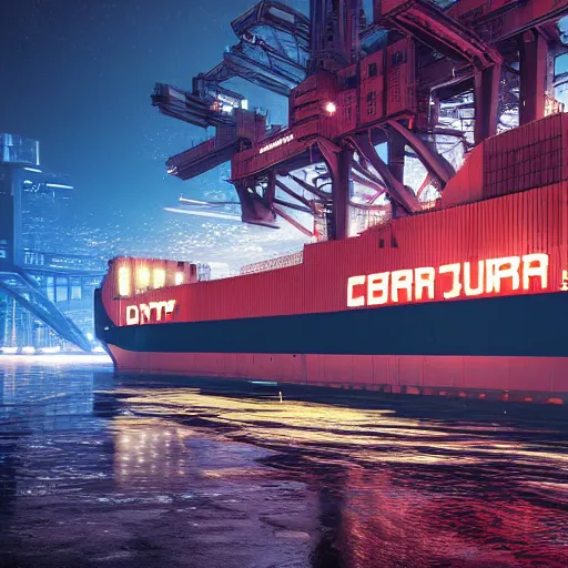 Image similar to photo of Immense industrial futuristic cargo ship arrives at cyber punk city sea port, cinematic lighting, photo