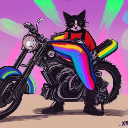 Image similar to wide angle full body, jacket wearing fluffy cute rainbow kitten wearing a black leather motorcycle jacket, riding on a motorcycle, cinematic concept art