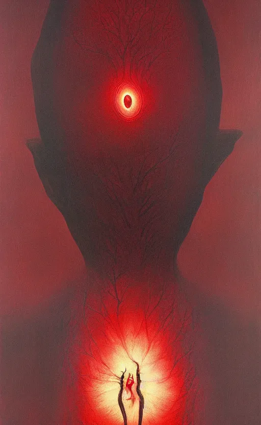 Image similar to black dramatic portrait painting of human with black mandelbrot fractal instead of face, in style of zdzisław beksinski, dark red, horror, body horror, scary,