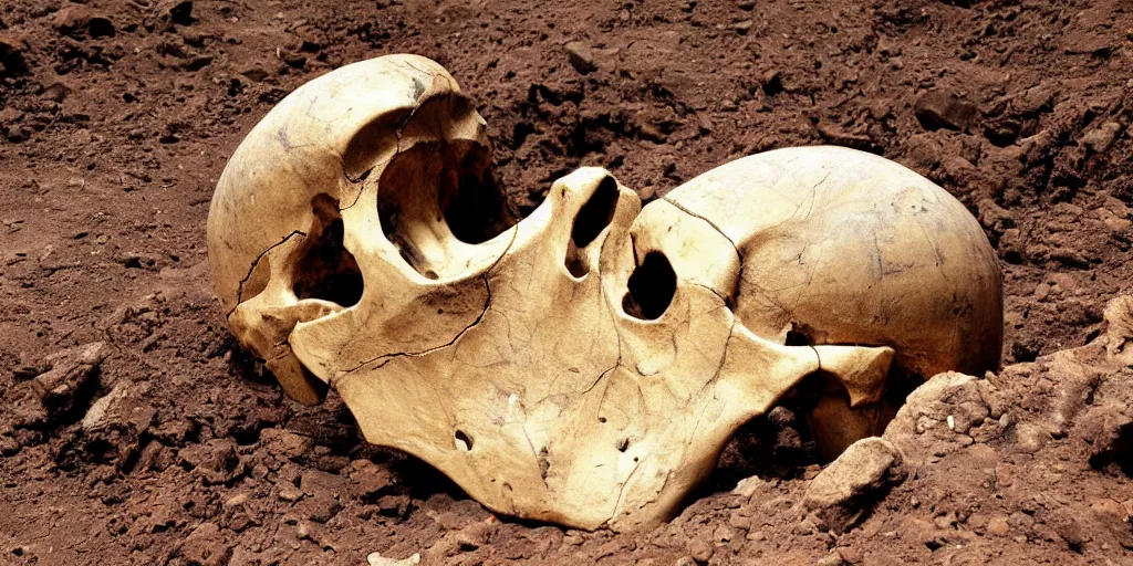 Prompt: paleontologists find a giant skull inside a dig site, south africa, photography