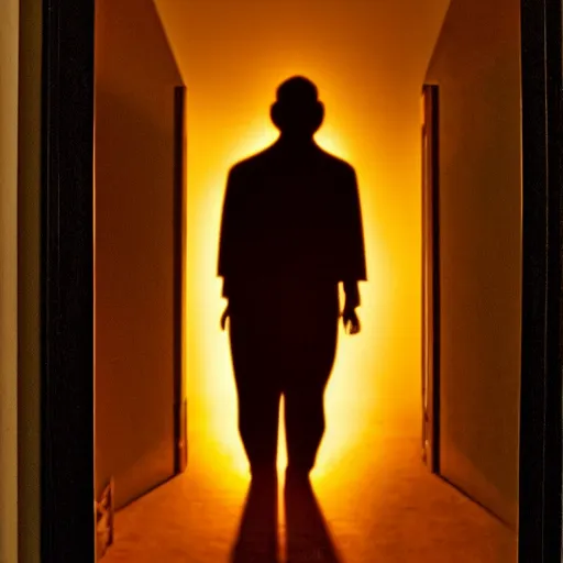 Prompt: dark demonic figure standing behind a translucent door backlit