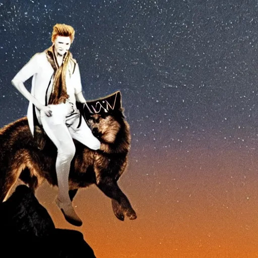 Image similar to david bowie riding a wolf over a rock, dark lighting