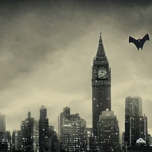 Prompt: a premonition of a bat, lit up the sky of the gloomy, darkened city