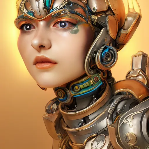 Image similar to studio portrait of lawful good colorful female holy mecha paladin absurdly beautiful, elegant, young sensual graceful woman, ultrafine hyperrealistic detailed face illustration by kim jung gi, irakli nadar, intricate linework, sharp focus, bright colors, matte, octopath traveler, final fantasy, unreal engine highly rendered, global illumination, radiant light, intricate environment