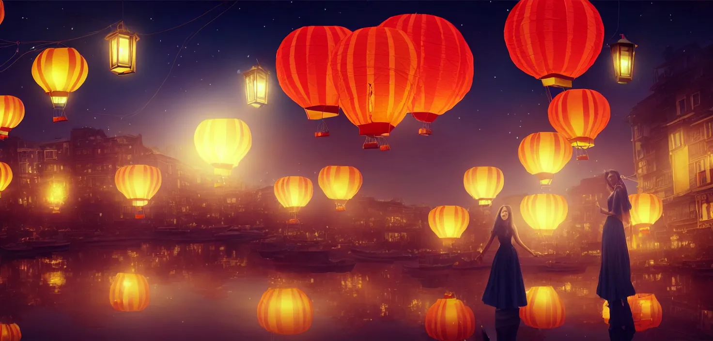Image similar to mystical scene floating lanterns. portrait woman on the background a hot air balloon in the middle neon lights | | sunny night, full moon, dreamlike art, realistic shaded, smile, good looking, hyper details, 4 k realistic, cryengine, realistic shaded lighting poster by artgerm, ross tran, fuji choko, 8 k resolution, trending on artstation, luxury