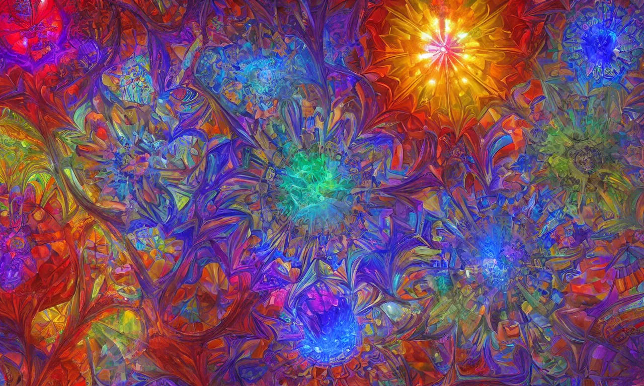 Image similar to voronoi engine laboratory 3 d volume kaleidoscope mandala fractal chakra digital multicolor stylized concept substance by artgerm, rossdraws, norman rockwell, magali villeneuve, gil elvgren, alberto vargas, earl moran, enoch bolles radiating a glowing aura global illumination ray tracing hdr