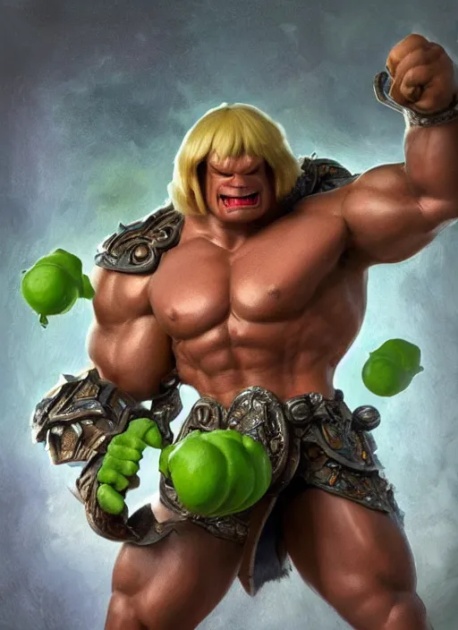 Image similar to he man anthropomorphic pea action figure, diffuse lighting, fantasy, intricate, elegant, highly detailed, lifelike, photorealistic, digital painting, artstation, illustration, concept art, smooth, sharp focus, art by john collier, frank frazetta, albert aublet, krenz cushart, artem demura and alphonse mucha