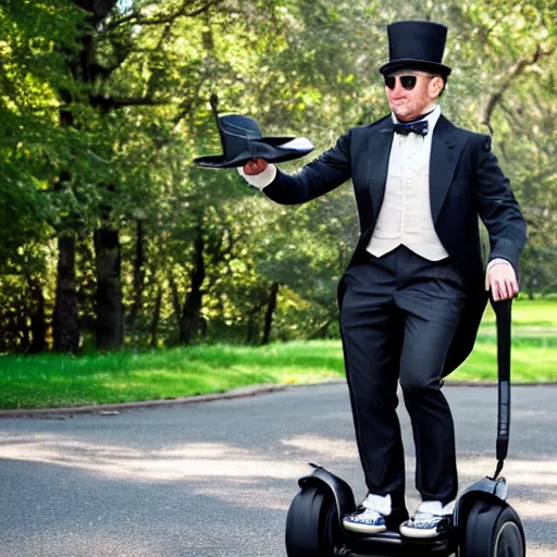 Prompt: an anthropomorphic silver fox in a dapper suit and a top hat riding a Segway in a park, photo, 4K