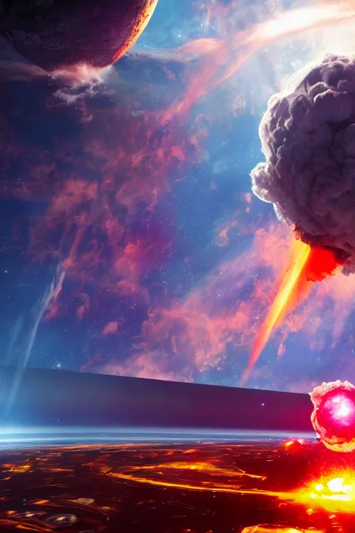 Prompt: dramatic photo of a nuclear explosion on a space station, full of colour, cinematic lighting, trending on artstation, 4k, hyperrealistic, focused, extreme details,unreal engine 5, cinematic, masterpiece