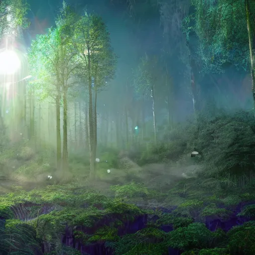Image similar to detailed fantasy painting of a boreal ethereal mana forest full of glowing magical orbs floating into the sky at dawn ultra realistic , lens flare, atmosphere, glow, detailed, intricate, full of colour, cinematic lighting, trending on artstation, 4k, hyperrealistic, focused, extreme details, cinematic, masterpiece