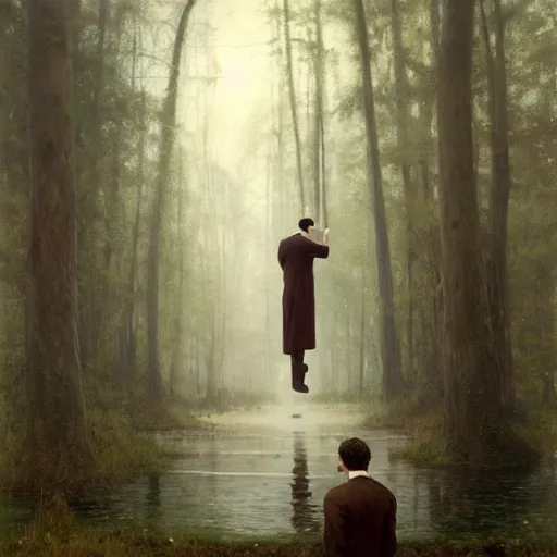 Image similar to detailed oil painting, hyper realistic | digital art, award winning | the businessman floats eerily in the misty forest, uneasy | by roberto ferri, by gustav klimt, by william waterhouse and tom bagshaw | trending on artstation, cgsociety, official art, octane, digitsl painting.