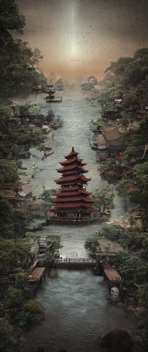 Image similar to kodak portra 4 0 0 photographic and realistic, ancien chinese tower, temple, night, moonlight, detailed, octane render, unreal engine, 4 k, artstation, hyper realistic, wide angle, floor flooded, how a river, objects that float, 3 5 mm, sharp focus, soft light, volumetric light, in the style of gregory crewdson