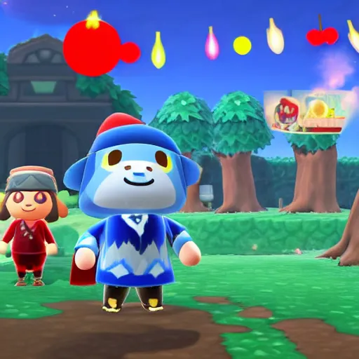 Image similar to A wizard wearing a red hood with glowing blue eyes in Animal Crossing