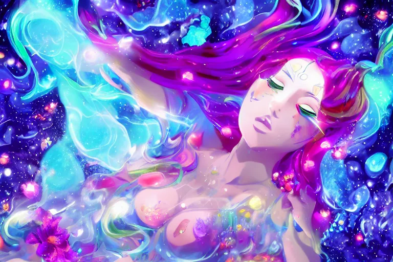 Prompt: psychedelic, full body, whimsical, anime, 4k, beautiful intimate woman blowing smoke, with professional makeup, long trippy hair that is floating in the water, a crystal and shimmering flower dress, sitting in a reflective pool, surrounded by gems, underneath the stars, rainbow fireflies, trending on patreon, deviantart, twitter, artstation, volumetric lighting, heavy contrast, art style of Ross Tran and Viktoria Gavrilenko and Ilya Kuvshinov