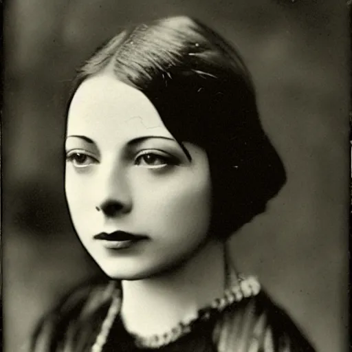 Image similar to headshot edwardian photograph of kristin kreuk,, 1 9 2 0 s film actress, realistic face, 1 9 1 0 s, grainy, victorian, soft blur