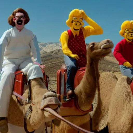 Image similar to Ned Flanders, Ronald McDonald, and Mr. Krabs storming Area 51 while riding on a camel wearing a basketball jersey