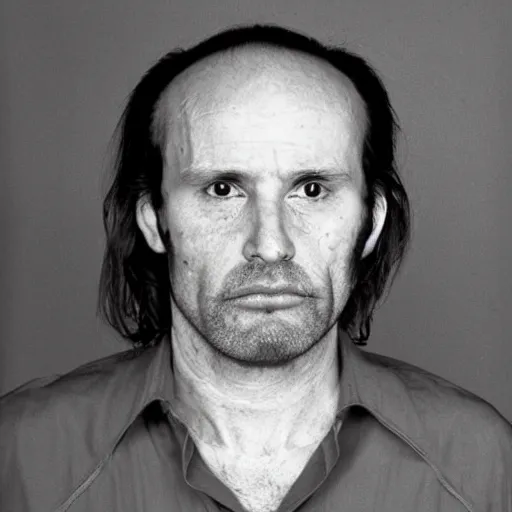 Image similar to A mugshot portrait of a middle aged older man who looks like Jerma985 with a receding hairline and short mid-length wavy hair, wearing mid-1980s menswear in the late 2008, taken in the late 1980s, grainy, realistic, hyperrealistic, very realistic, highly detailed, very detailed, extremely detailed, detailed, trending on artstation, front facing, front view, headshot and bodyshot, detailed face, very detailed face