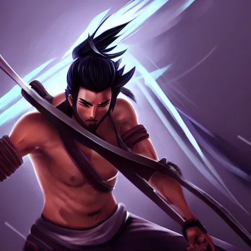 Image similar to Yasuo from League of Legends doing crunches, photorealistic, highly detailed