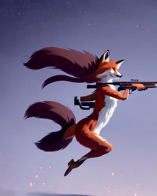 Image similar to a beautiful, dynamic illustration of an anthropomorphic fox - woman running while firing her winchester rifle, wild west theme, studio muti, greg rutkowski makoto shinkai takashi takeuch studio ghibli