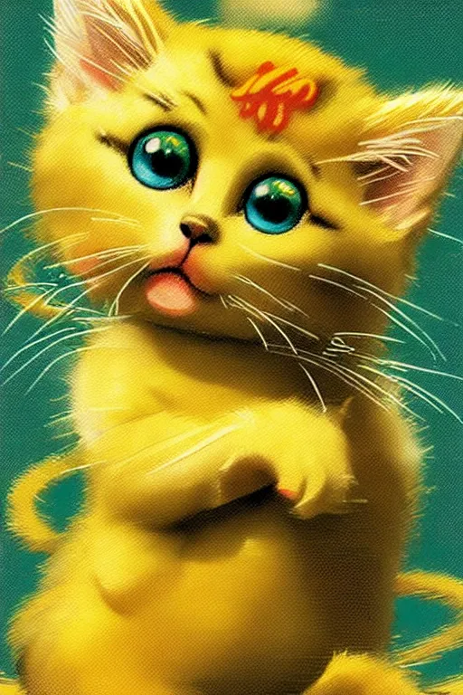 Prompt: a retro videogame showing a small yellow kitten with the belly upwards, artwork by yoshitaka amano, masterpiece