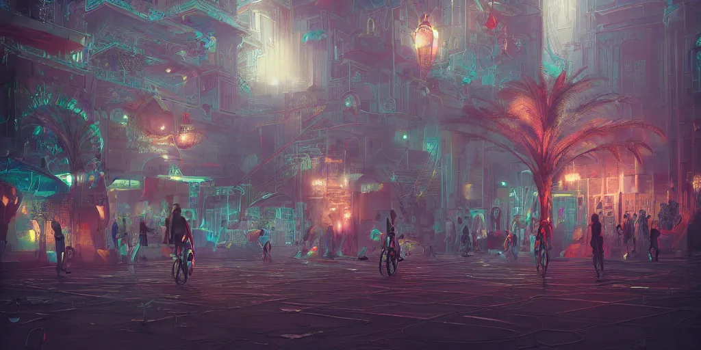 Image similar to Cyberpunky Marrakech, palm tree, Flying vehicles ,Moroccan mosque ,WLOP, James Jean, tom bagshaw, rococo, neon lights ,trending on artstation, fantasy, intricate, elegant, highly detailed, digital painting, concept art, smooth, illustration, cinematic lighting, hyper realism, octane render, 8k, hyper detailed.