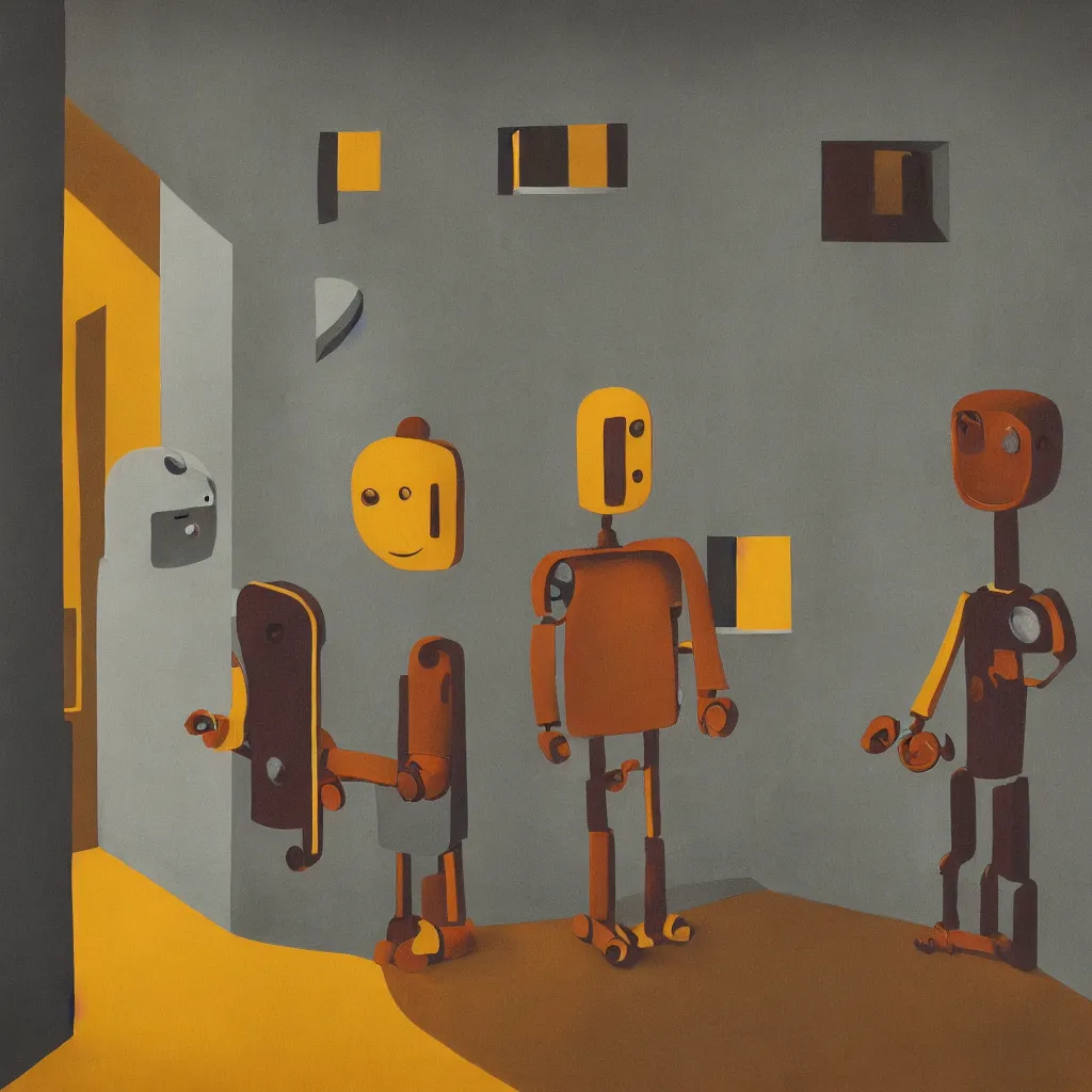 Prompt: a robot and a human holding hands in a room staring out a window, perfect symmetry, warm colors, in the style of gertrude abercrombie, whimsical, surreal, super focus, emotional colors, h 1 0 2 4