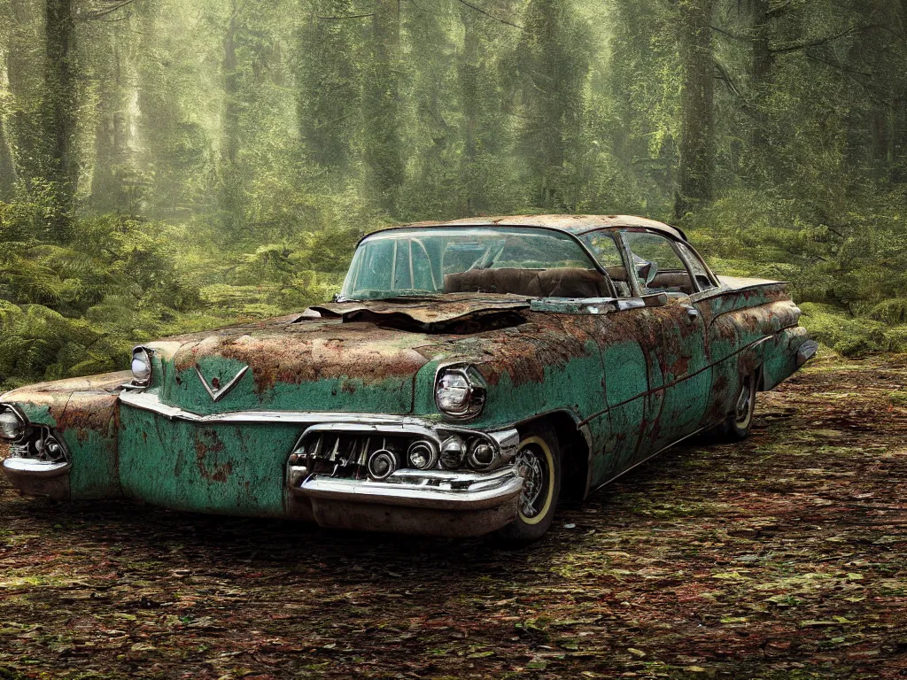 Prompt: an abandoned rusty and partly moss - covered cadillac coupe deville 1 9 5 9 in a forest clearing in the evening light, 1 6 mm wideangle lens, volumetric lighting, octane render, artstation