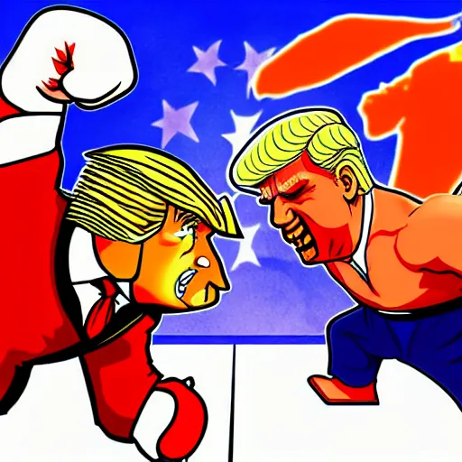 Image similar to xi jinping vs donald trump, street fighter, fight, fistfight, digital art, cartoon style