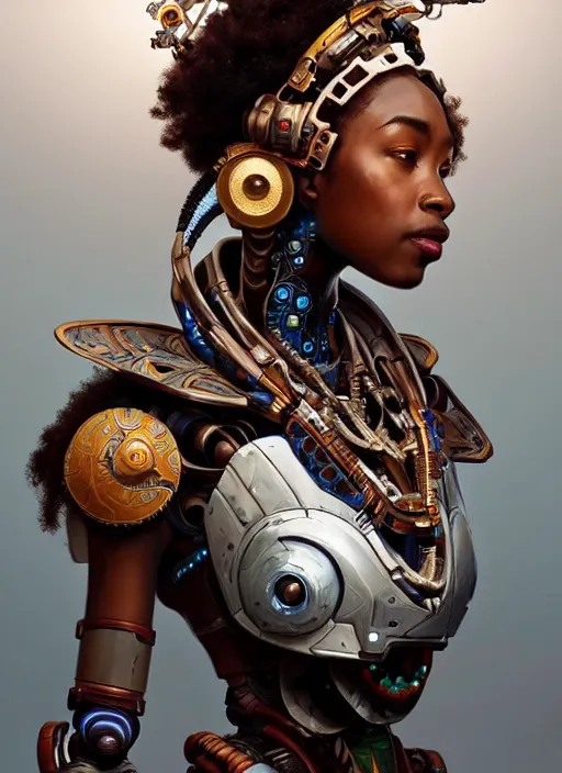 Prompt: portrait of african, robot steampunk, floral! horizon zero dawn machine, intricate, elegant, highly detailed, ray tracing, digital painting, artstation, concept art, smooth, sharp focus, illustration, art by artgerm and greg rutkowski and alphonse mucha, 8 k
