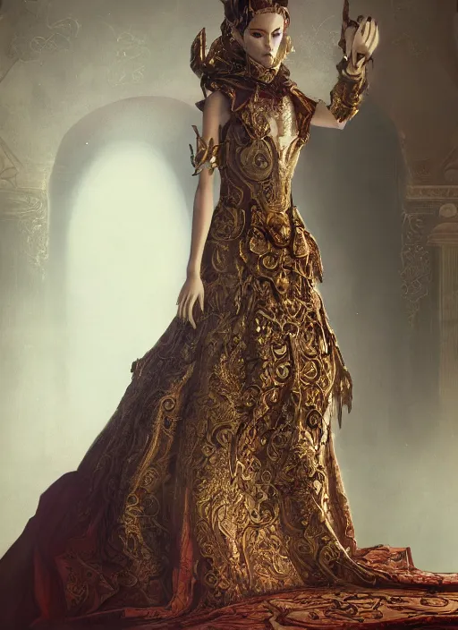 Image similar to hyper realistic photo of baroque oriental luxury fashion queen ghost full body, symmetric, rule of thirds, cinematic, artstation, cgsociety, greg rutkowski, james gurney brom