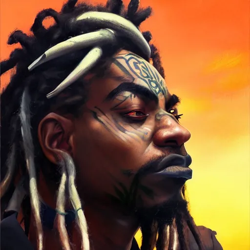 Prompt: Greg Manchess portrait painting of an afropunk villian character with facial tattoo, dreads, heavy build, medium shot, asymmetrical, profile picture, Organic Painting, sunset dark dramatic day, matte painting, bold shapes, high contrast, hard edges, street art, trending on artstation, by Huang Guangjian and Gil Elvgren and Sachin Teng