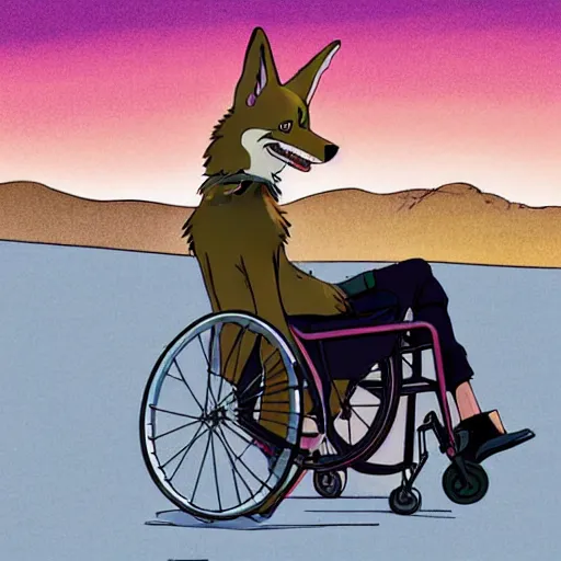 Image similar to a study of cell shaded cartoon of a jackal in a wheelchair from howl's moving castle ( 2 0 0 4 ) on a desert road, in front of a big moon, full body, wide shot, very muted colors, post grunge, studio ghibli, laurie greasley, highly detailed, deviantart, art by artgem