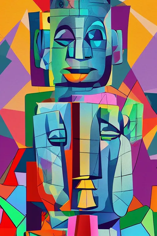 Image similar to cubist moai statue cutout digital illustration cartoon colorful beeple