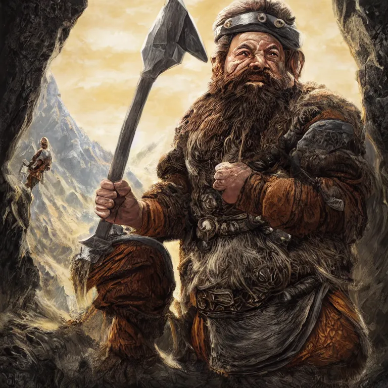 Image similar to dwarf with hammer in mountains, lord of the rings style, fantasy, poster, character portrait, portrait, close up, concept art, intricate details, highly detailed, full body, 8 k, detailed face, body