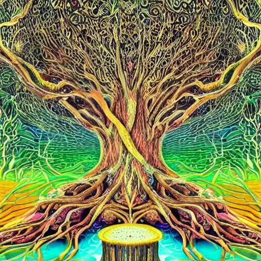 Prompt: microcosm, dreamlike, psilocybin, lysergic acid diethylamide, consciousness meets psilocybin and dances around the tree of life, lysergic acid diethylamide, introspective, life in the universe, biology, mythology, dreamlike, hyper real, intricately detailed, high fidelity render, high octane finish