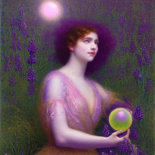 Image similar to a girl with three eyes on 5 translucent luminous spheres, full of floral and berry fillings, in an ocean of lavender color by edward robert hughes, henry justice ford