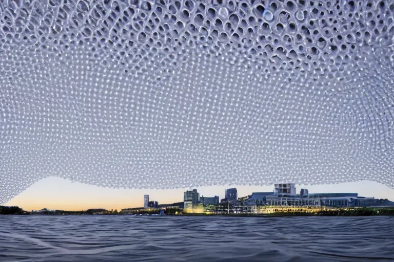 Image similar to a building formed by many white spherical bubbles arranged and combined in space, on the calm lake, people's perspective modern curved architecture, future, award winning, highly detailed 4 k art, dusk, by kazuyo sejima