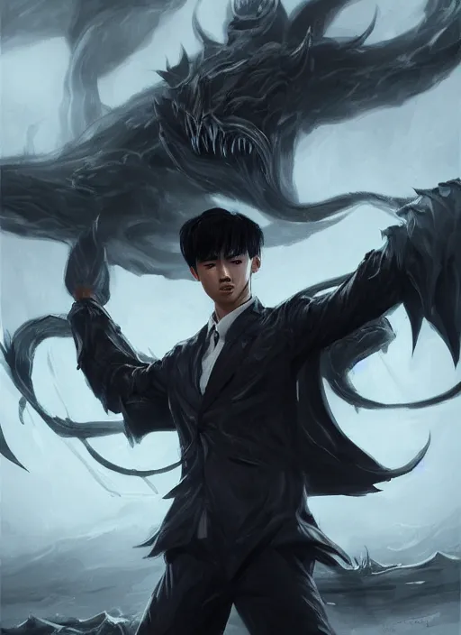 Prompt: a highly detailed illustration of fierce korean man with bowl cut black hair wearing tie with giant black claws, evil wielding giant black fog claws pose, foggy lovecraftian black mist surrounding background, perfect face, intricate, elegant, highly detailed, centered, digital painting, artstation, concept art, smooth, sharp focus, league of legends concept art, wlop.