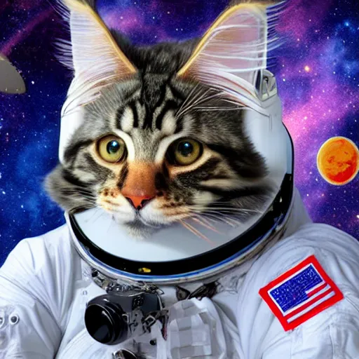 Prompt: a maine coon ty beanie baby becomes an astronaut and visits the james webb telescope in outerspace, digital art, cgi, photo realistic.