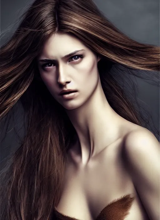 Image similar to a gorgeous female with long brown hair, photo by peter lindbergh, realistic, full body shot, wide angle, sharp focus, 8 k high definition, insanely detailed, intricate, elegant, art by stanley lau and artgerm, floating embers